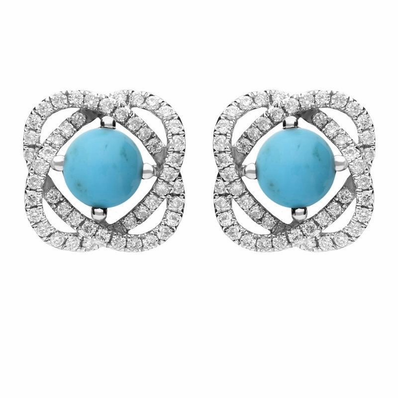 18ct White Gold Turquoise 0.31ct Diamond Swirl Stud Earrings
