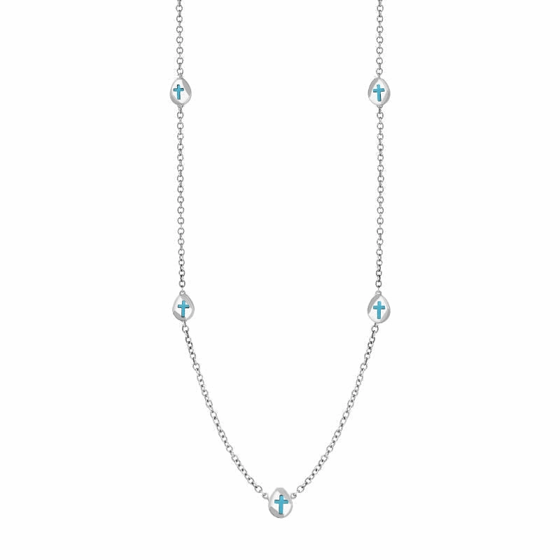 18ct White Gold Turquoise Cross Link Disc Chain Necklace