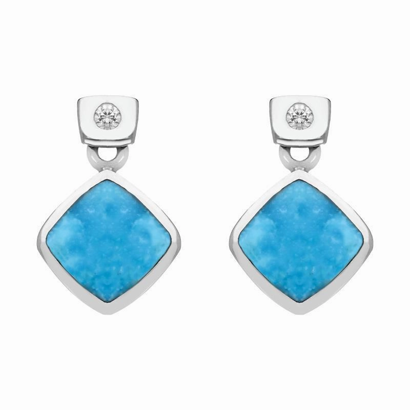 18ct White Gold Turquoise Diamond Square Stud Earrings