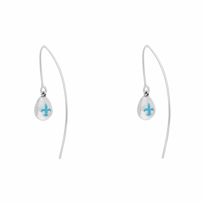 18ct White Gold Turquoise Fleur De Lis Disc Drop Earrings