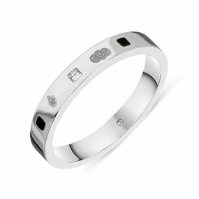 18ct White Gold Whitby Jet 0.05ct Diamond Queen's Jubilee Hallmark Princess Cut 3mm Ring D