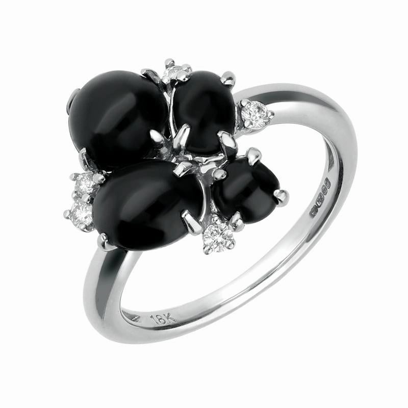 18ct White Gold Whitby Jet 0.09ct Diamond 4 Stone Cluster Ring