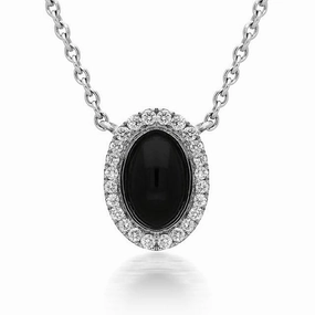 18ct White Gold Whitby Jet 0.10ct Diamond Oval Cluster Necklace