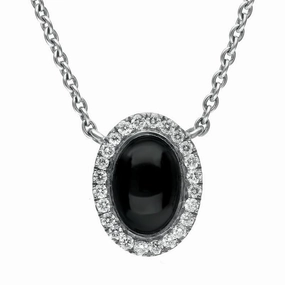 18ct White Gold Whitby Jet 0.10cts Diamond Oval Cluster Necklace