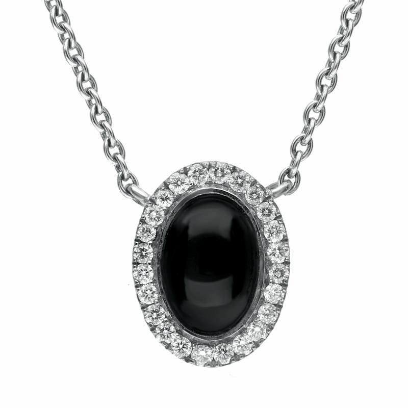 18ct White Gold Whitby Jet 0.10cts Diamond Oval Cluster Necklace