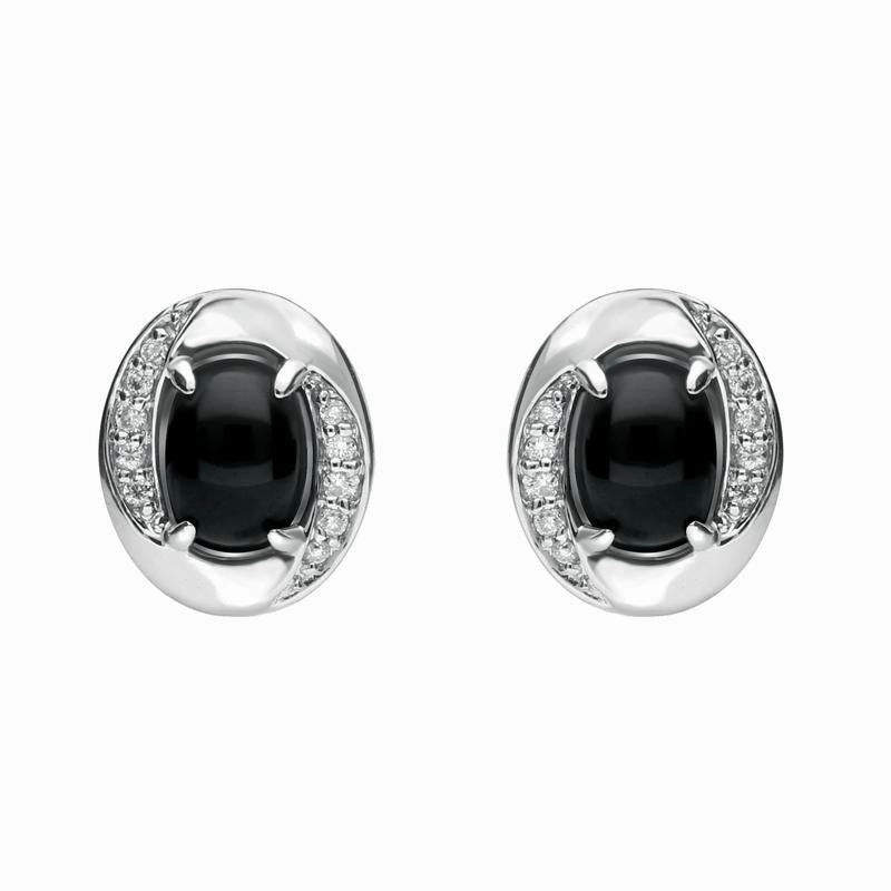 18ct White Gold Whitby Jet 0.11ct Diamond Oval Earrings D