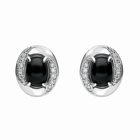 18ct White Gold Whitby Jet 0.11ct Diamond Oval Earrings D