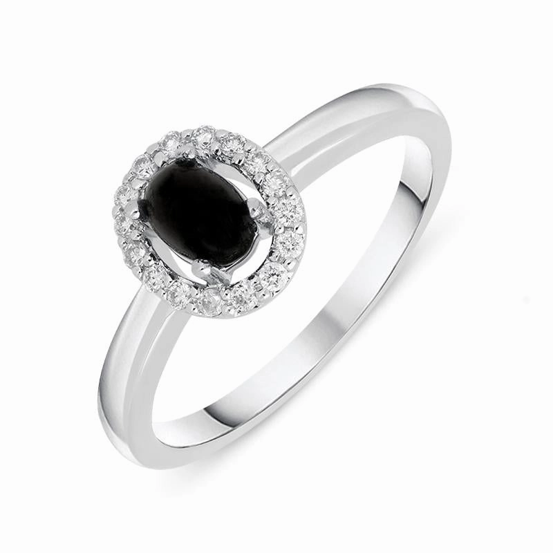 18ct White Gold Whitby Jet 0.12ct Diamond Cluster Ring