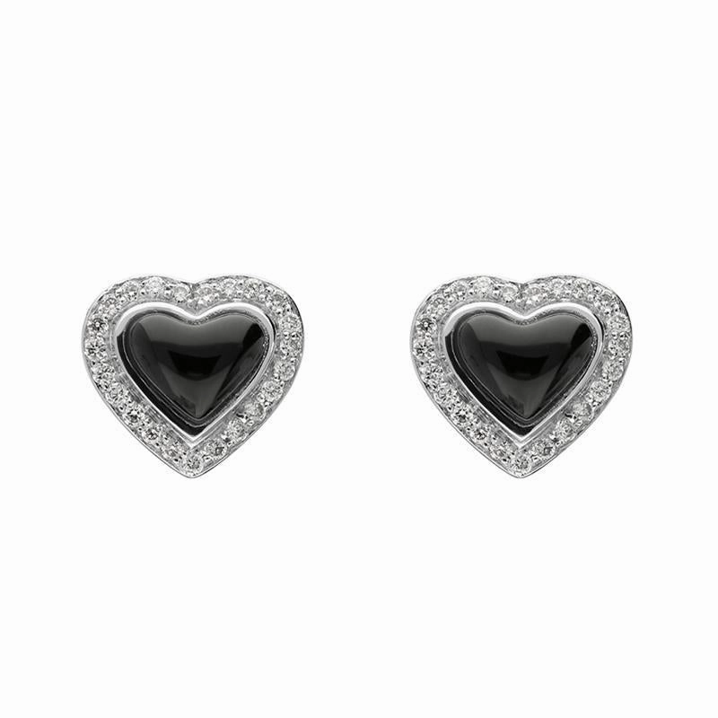 18ct White Gold Whitby Jet 0.14ct Diamond Edge Heart Stud Earrings