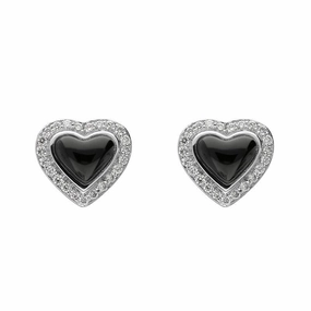 18ct White Gold Whitby Jet 0.14ct Diamond Edge Heart Stud Earrings