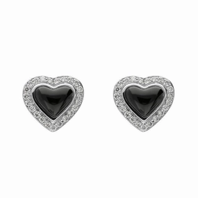 18ct White Gold Whitby Jet 0.14ct Diamond Edge Heart Stud Earrings