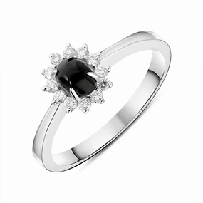 18ct White Gold Whitby Jet 0.14ct Diamond Oval Flower Ring