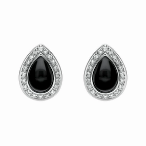 18ct White Gold Whitby Jet 0.16ct Diamond Pear Shaped Stud Earrings D