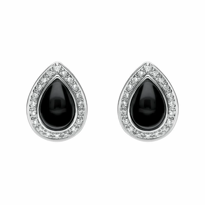 18ct White Gold Whitby Jet 0.16ct Diamond Pear Shaped Stud Earrings D