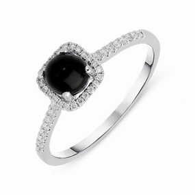 18ct White Gold Whitby Jet 0.16ct Diamond Square Cluster Ring