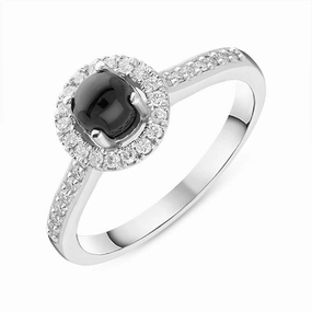 18ct White Gold Whitby Jet 0.21ct Diamond Halo Ring D