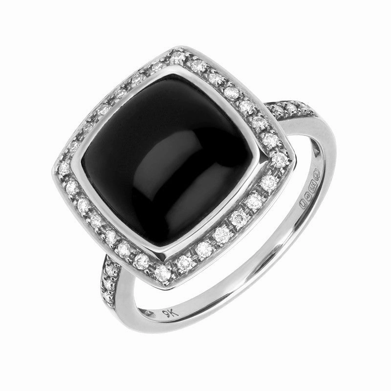 18ct White Gold Whitby Jet 0.21ct Diamond Square Cushion Ring