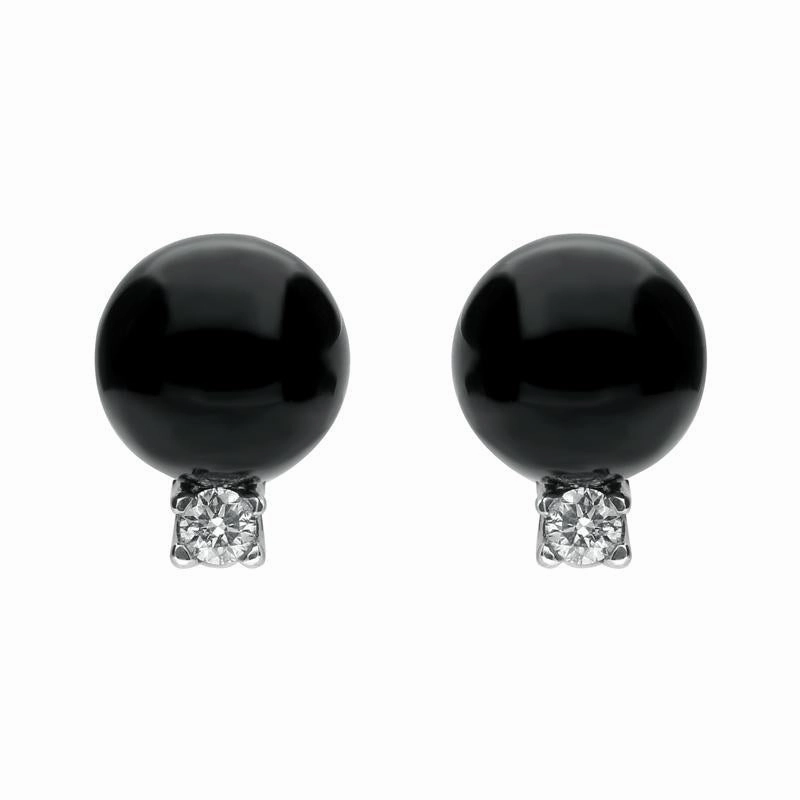 18ct White Gold Whitby Jet 0.22ct Diamond Bead Stud Earrings D
