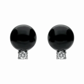 18ct White Gold Whitby Jet 0.22ct Diamond Bead Stud Earrings D