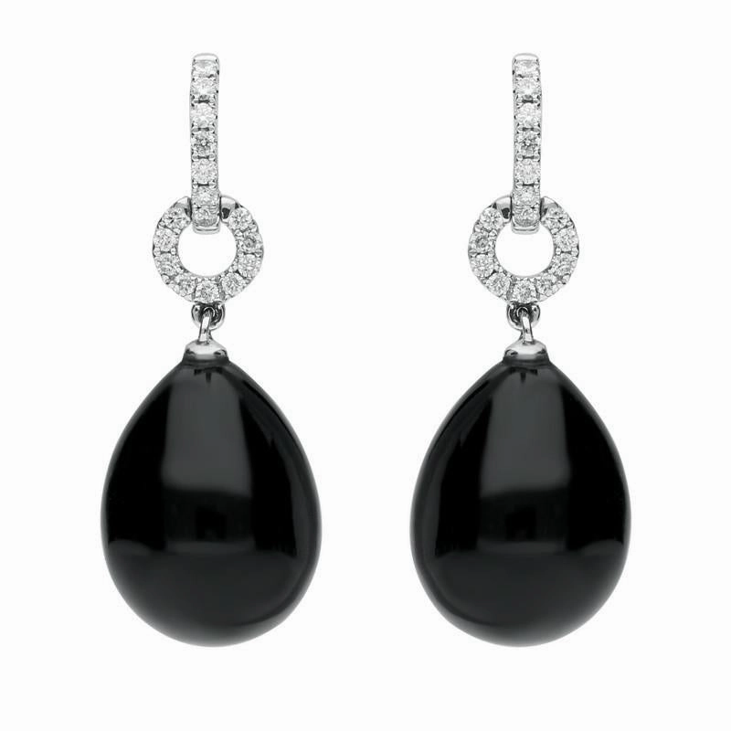 18ct White Gold Whitby Jet 0.22ct Diamond Round Drop Earrings