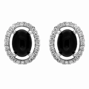 18ct White Gold Whitby Jet 0.26ct Diamond Oval Stone Stud Earrings