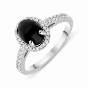 18ct White Gold Whitby Jet 0.27ct Diamond Oval Pave Shoulder Ring