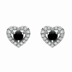 18ct White Gold Whitby Jet 0.33ct Diamond Heart Earrings