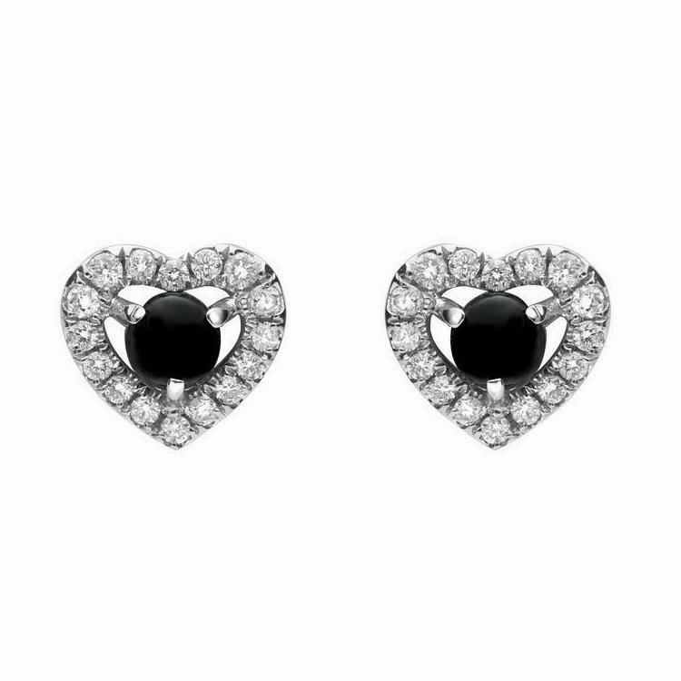 18ct White Gold Whitby Jet 0.33ct Diamond Heart Earrings