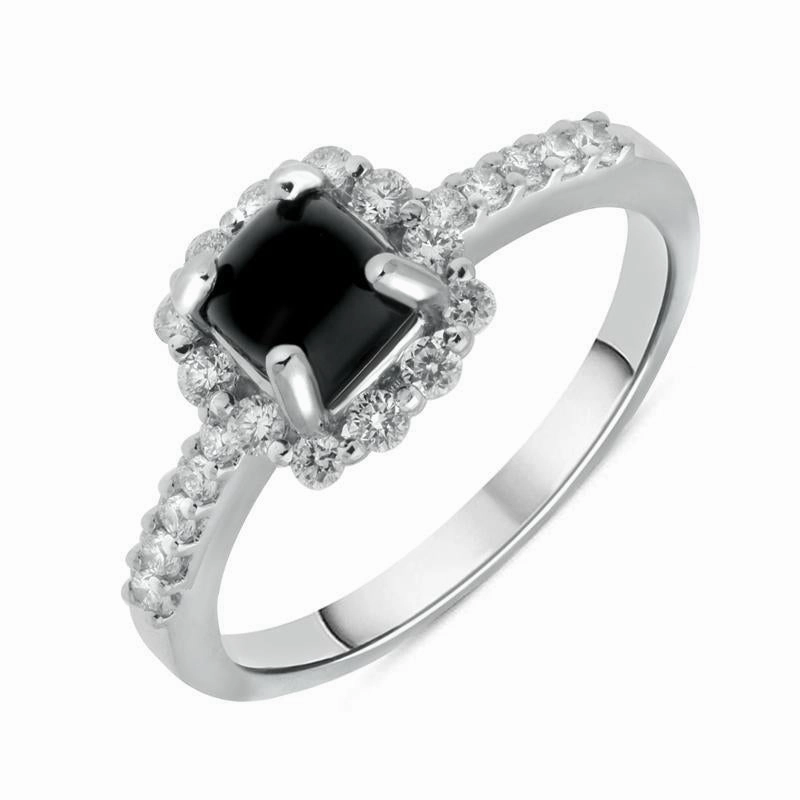 18ct White Gold Whitby Jet 0.35ct Diamond Cushion Top Ring