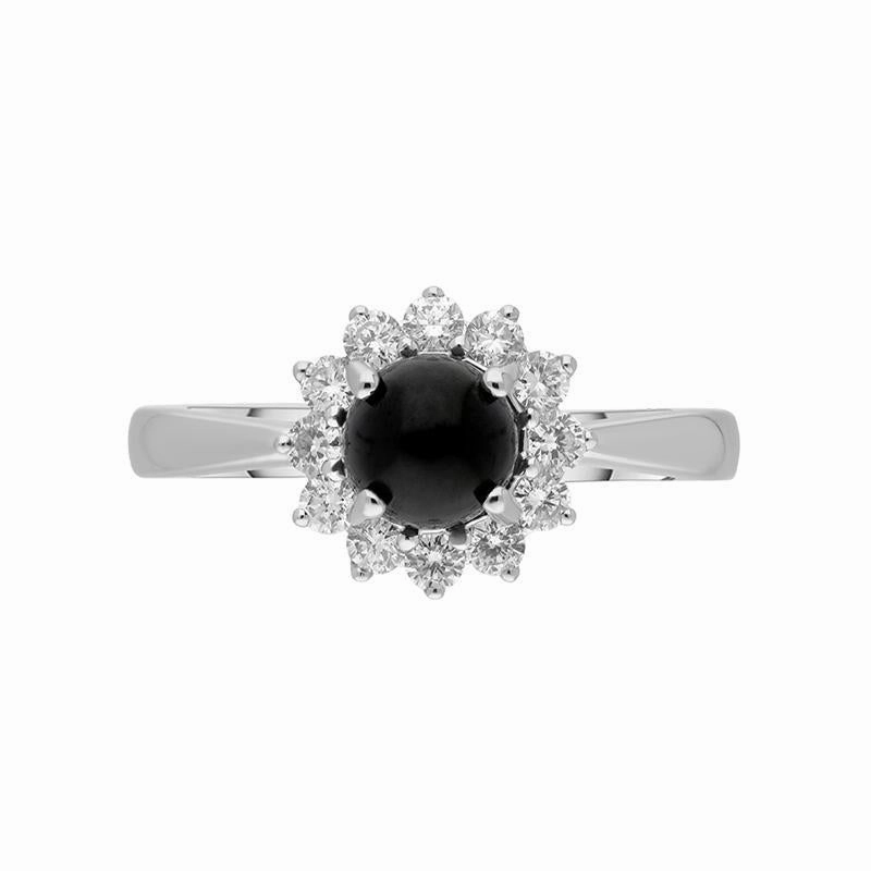 18ct White Gold Whitby Jet 0.40ct Diamond Round Flower Ring
