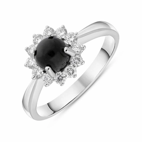 18ct White Gold Whitby Jet 0.40ct Diamond Round Flower Ring