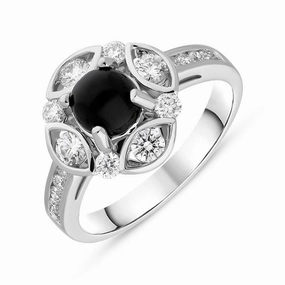 18ct White Gold Whitby Jet 0.72ct Diamond Round Shoulder Ring