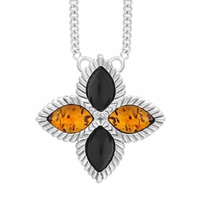 18ct White Gold Whitby Jet And Amber Eden Large Marquise Flower Necklace