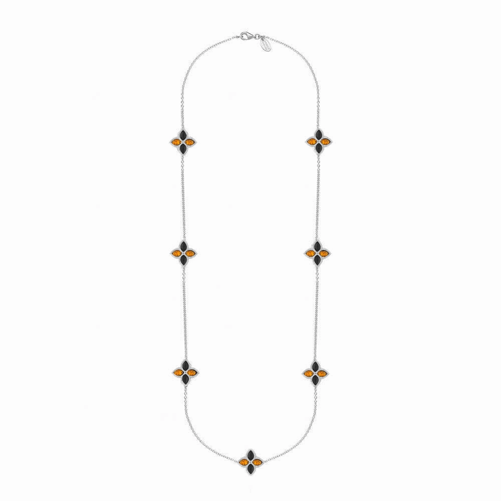 18ct White Gold Whitby Jet And Amber Eden Long Marquise Flower Necklace