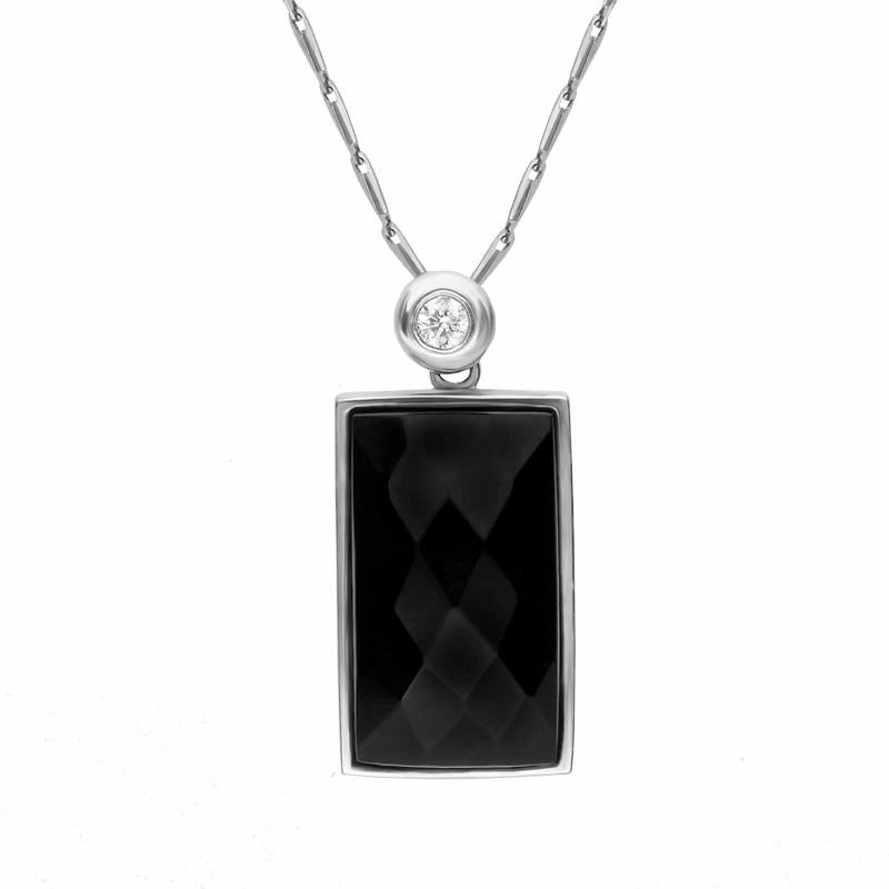 18ct White Gold Whitby Jet and Diamond Faceted Oblong Necklace