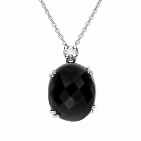 18ct White Gold Whitby Jet and Diamond Small Faceted Oval Necklace D