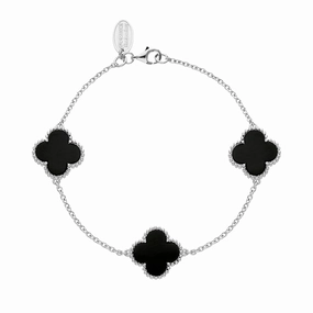 18ct White Gold Whitby Jet Bloom Four Leaf Clover Ball Edge Chain Bracelet
