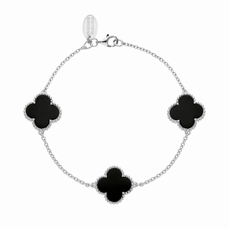 18ct White Gold Whitby Jet Bloom Four Leaf Clover Ball Edge Chain Bracelet