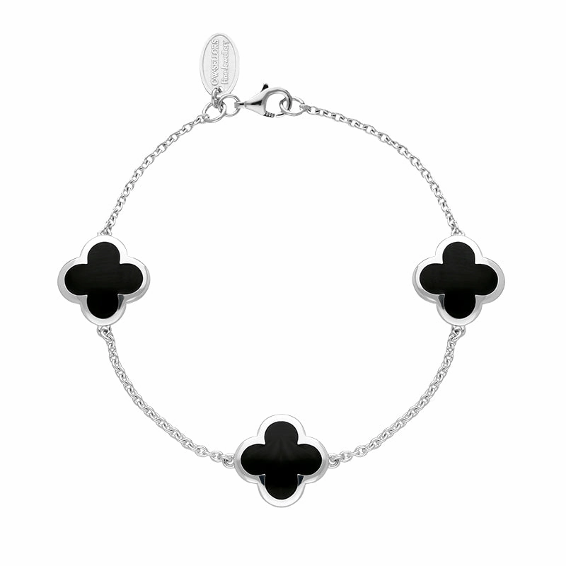 18ct White Gold Whitby Jet Bloom Four Leaf Clover Chain Bracelet
