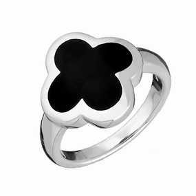 18ct White Gold Whitby Jet Bloom Four Leaf Clover Ring