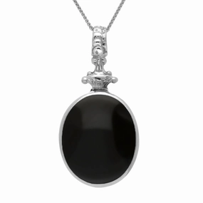 18ct White Gold Whitby Jet Blue John Double Sided Oval Fob Necklace