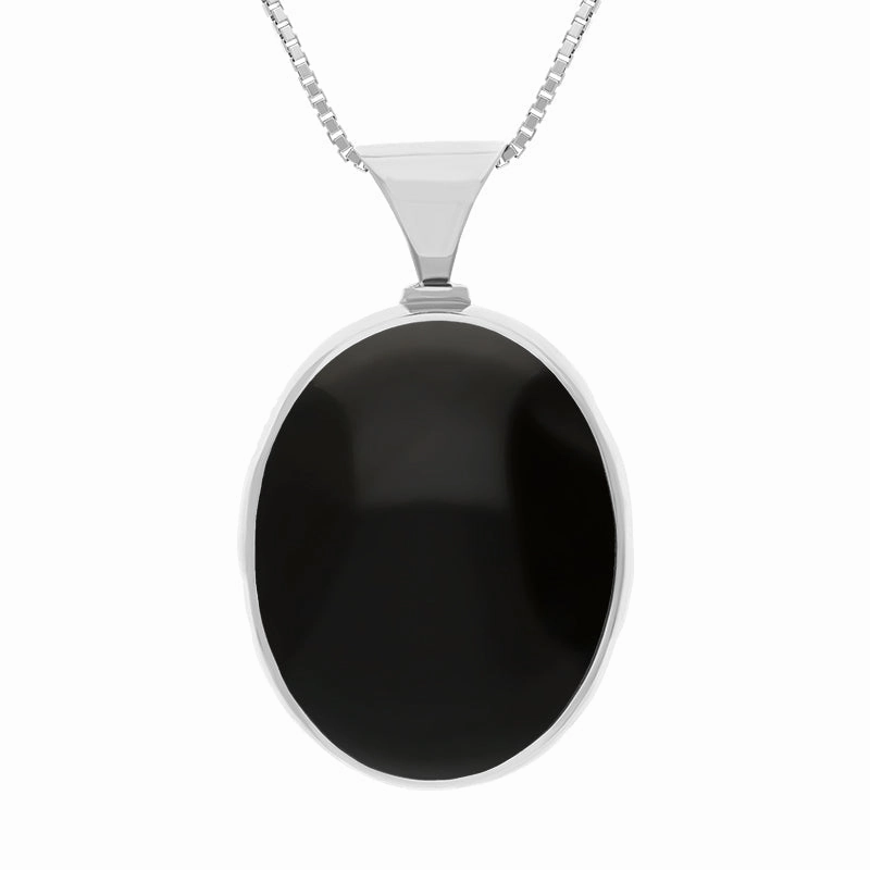 18ct White Gold Whitby Jet Blue John King's Coronation Hallmark Double Sided Oval Necklace D