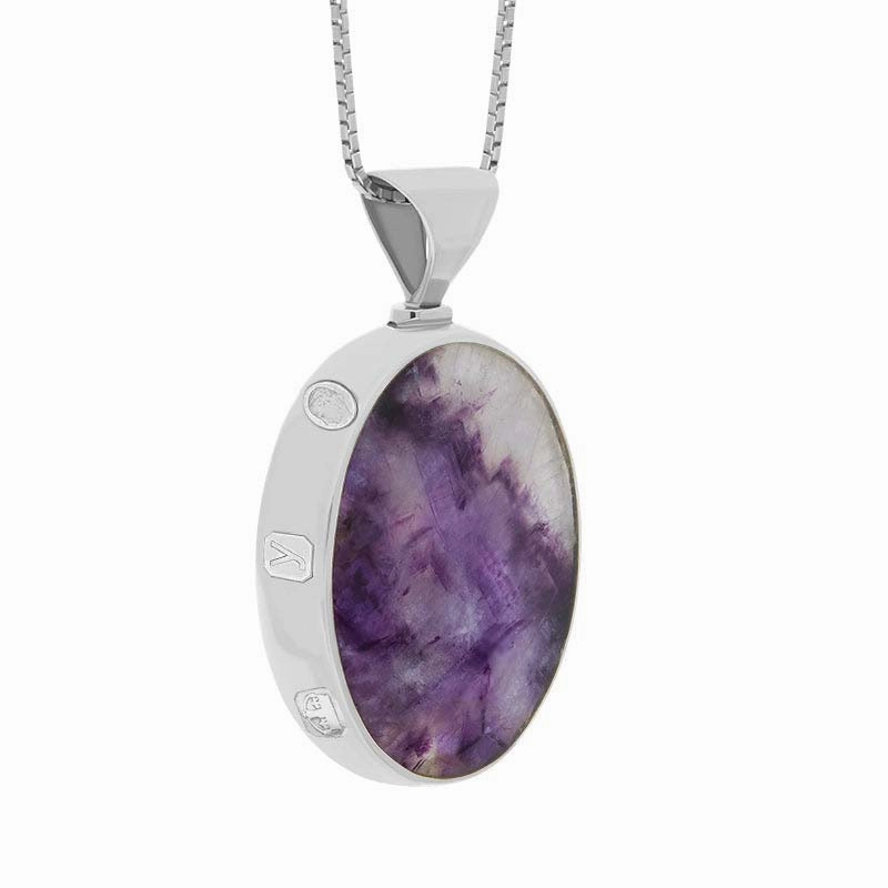 18ct White Gold Whitby Jet Blue John King's Coronation Hallmark Double Sided Oval Necklace D