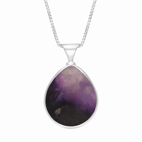 18ct White Gold Whitby Jet Blue John King's Coronation Hallmark Double Sided Pear-shaped Necklace D