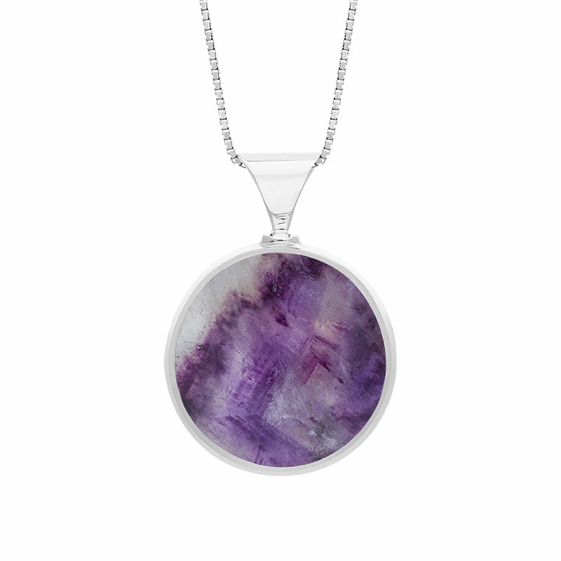 18ct White Gold Whitby Jet Blue John King's Coronation Hallmark Double Sided Round Necklace D