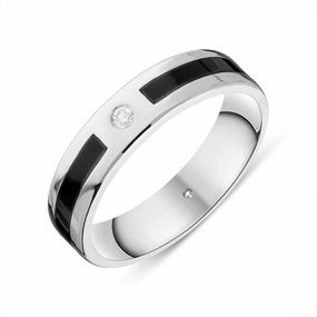 18ct White Gold Whitby Jet Diamond 5mm Patterned Wedding Band Ring