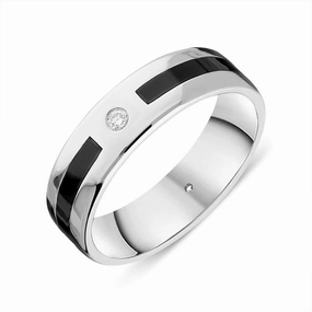 18ct White Gold Whitby Jet Diamond 6mm Patterned Wedding Band Ring