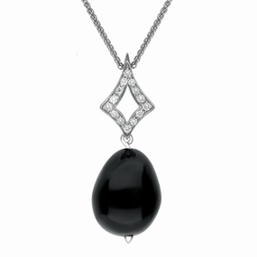 18ct White Gold Whitby Jet Diamond Bead Pave Set Open Diamond Shape Necklace D