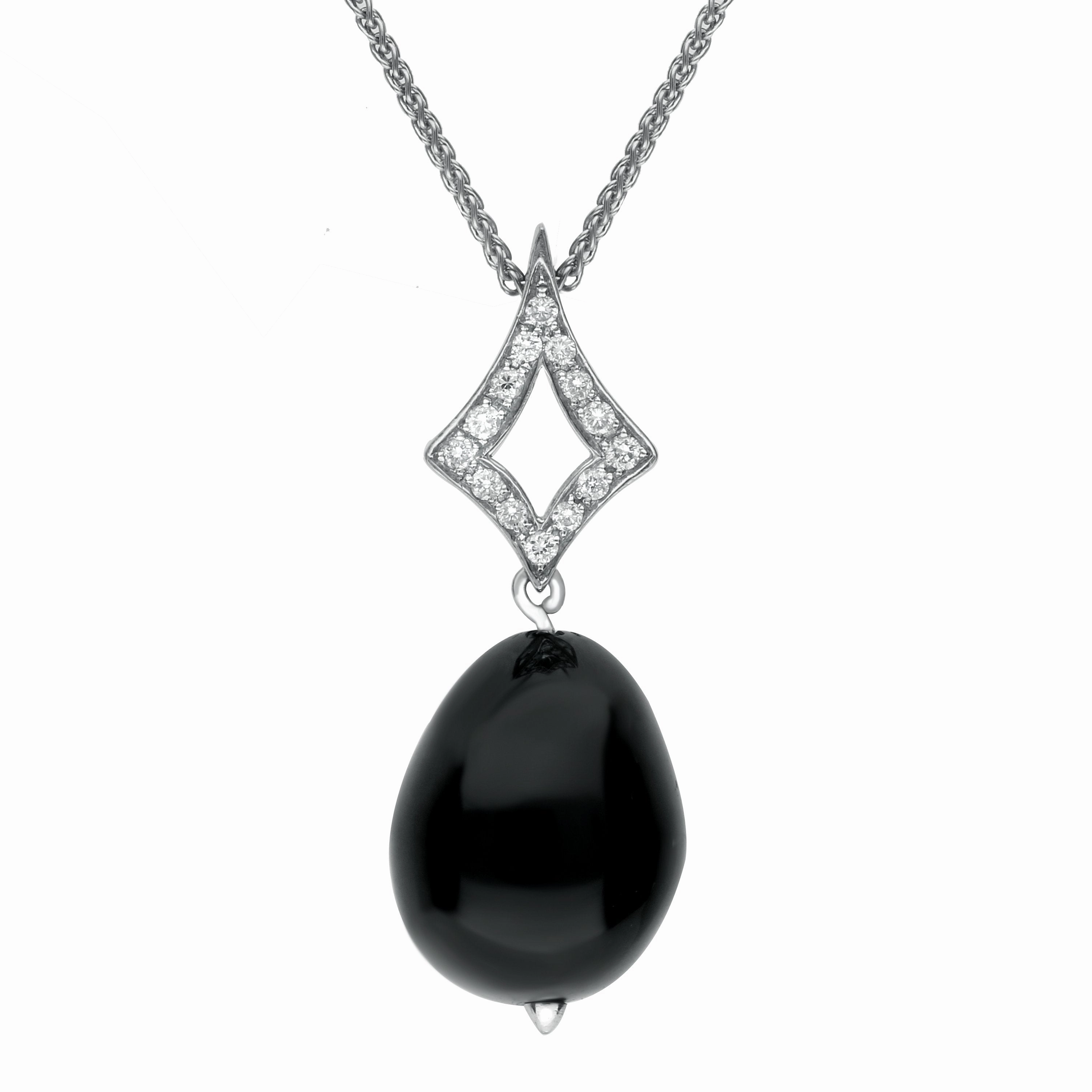 18ct White Gold Whitby Jet Diamond Bead Pave Set Open Diamond Shape Necklace D