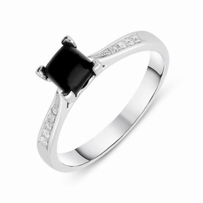 18ct White Gold Whitby Jet Diamond Cushion Shaped Ring